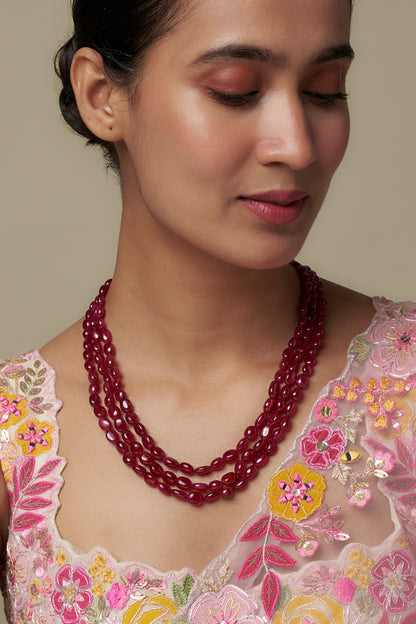 Gold Finish Moissanite Polki & Red Stone Long Necklace In Sterling Silver