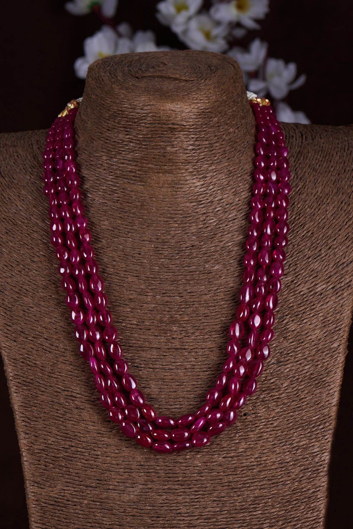 Gold Finish Moissanite Polki & Red Stone Long Necklace In Sterling Silver
