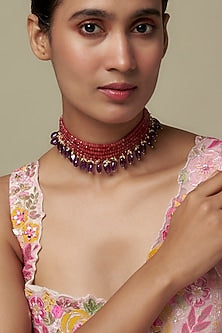 Gold Finish Moissanite Polki & Red Stone Choker Necklace In Sterling Silver