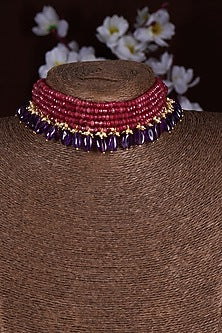 Gold Finish Moissanite Polki & Red Stone Choker Necklace In Sterling Silver