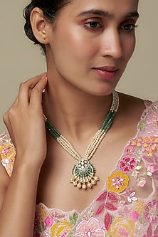 Gold Finish Moissanite Polki & Green Stone Long Necklace In Sterling Silver
