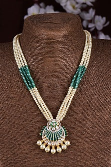 Gold Finish Moissanite Polki & Green Stone Long Necklace In Sterling Silver