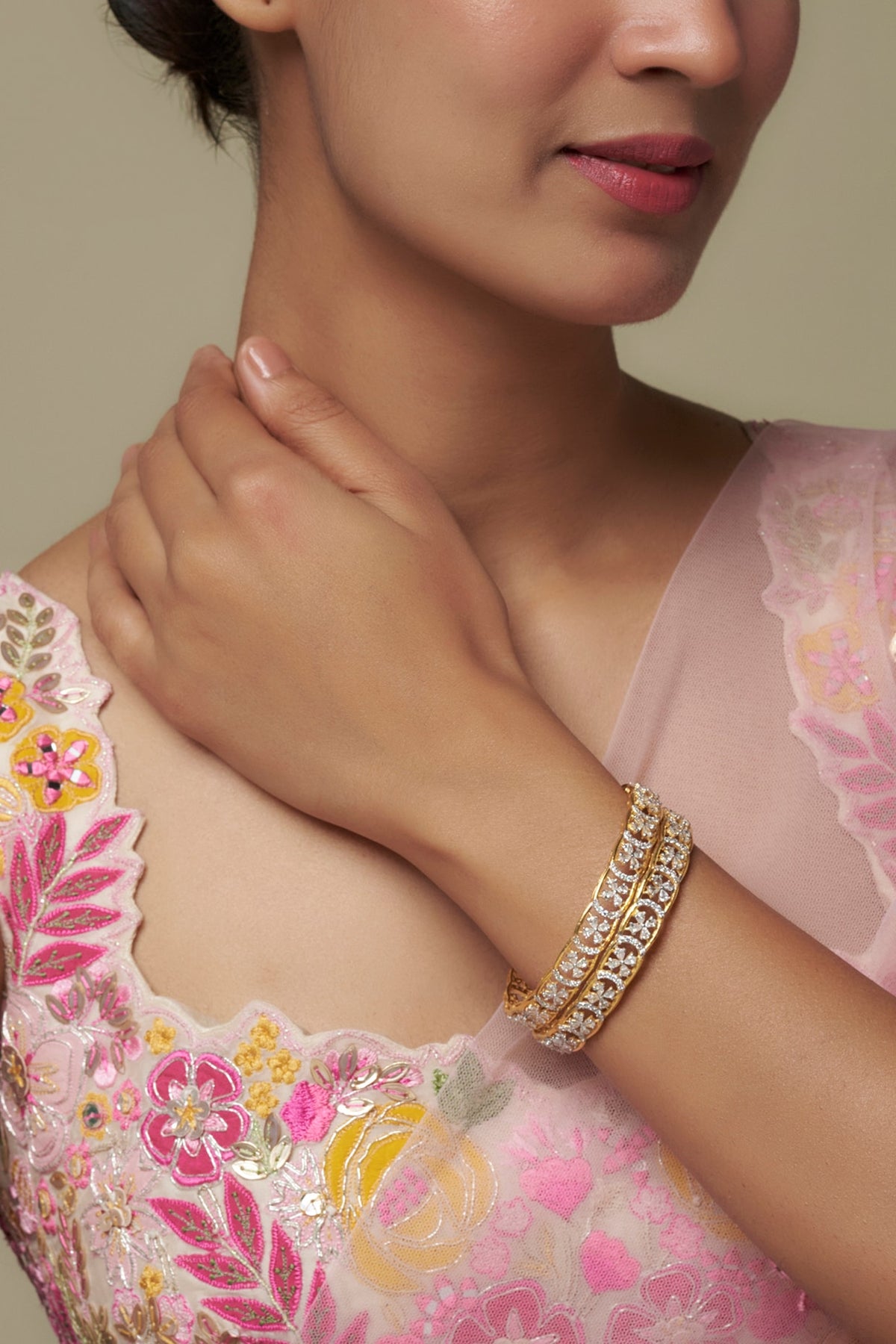 Gold Finish Moissanite Polki Bangles In Sterling Silver (Set Of 2)