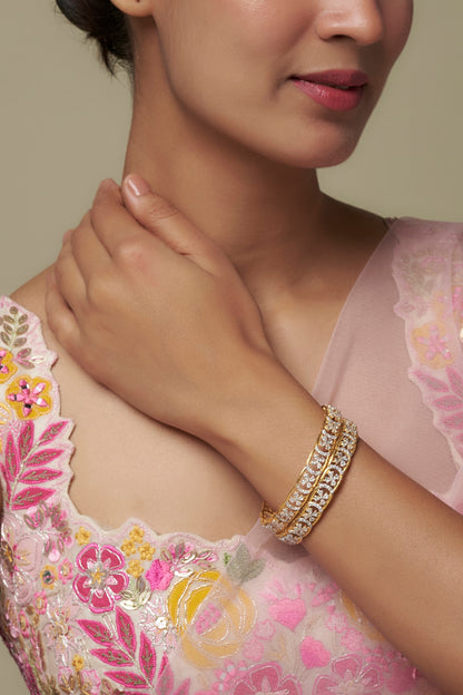 Gold Finish Moissanite Polki Bangles In Sterling Silver (Set Of 2)