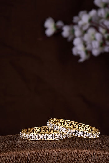 Gold Finish Moissanite Polki Bangles In Sterling Silver (Set Of 2)