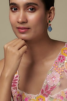 Gold Finish Moissanite Polki & Multi-Colored Stone Dangler Earrings In Sterling Silver