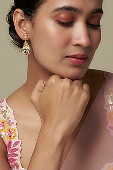 Gold Finish Moissanite Polki & Green Stone Dangler Earrings In Sterling Silver