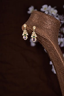 Gold Finish Moissanite Polki & Green Stone Dangler Earrings In Sterling Silver