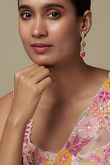 Gold Finish Moissanite Polki & Multi-Colored Stone Dangler Earrings In Sterling Silver