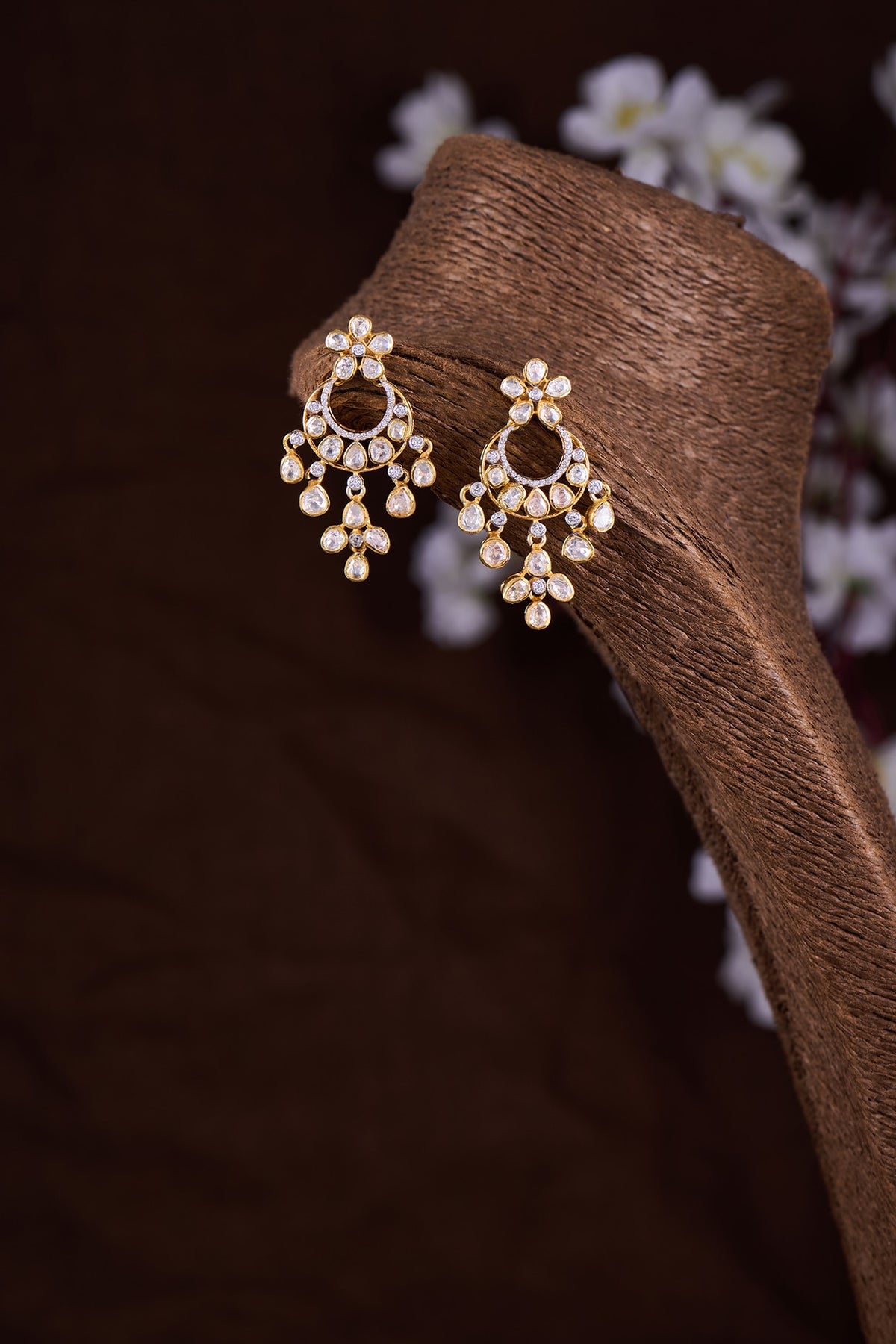Gold Finish Moissanite Polki Dangler Earrings In Sterling Silver