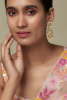 Gold Finish Moissanite Polki & Green Stone Chandbali Earrings In Sterling Silver