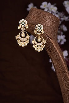 Gold Finish Moissanite Polki & Green Stone Chandbali Earrings In Sterling Silver