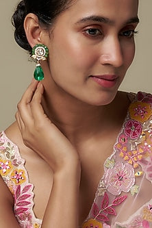 Gold Finish Moissanite Polki & Green Stone Dangler Earrings In Sterling Silver