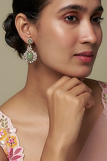Gold Finish Moissanite Polki & Green Stone Dangler Earrings In Sterling Silver