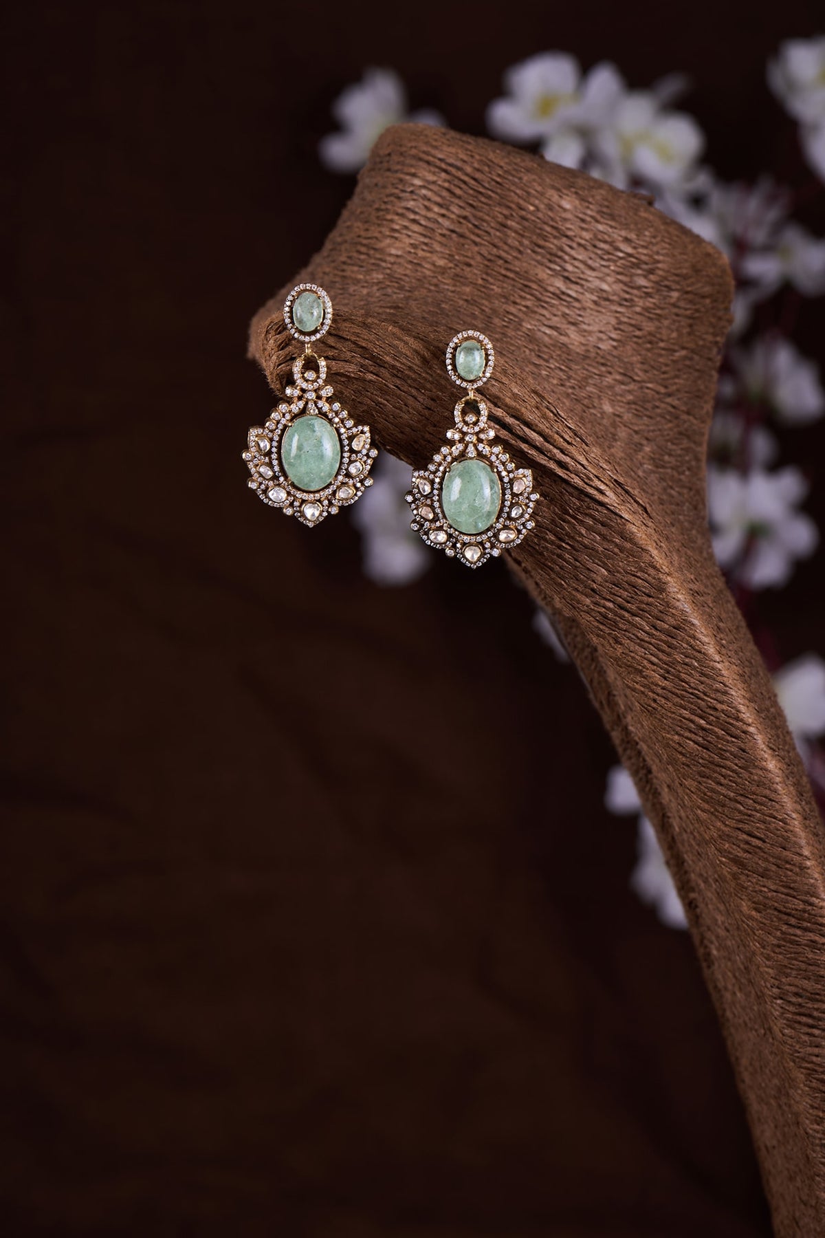 Gold Finish Moissanite Polki & Green Stone Dangler Earrings In Sterling Silver