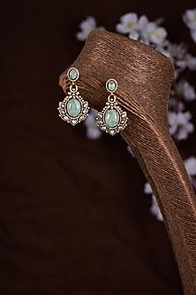 Gold Finish Moissanite Polki & Green Stone Dangler Earrings In Sterling Silver