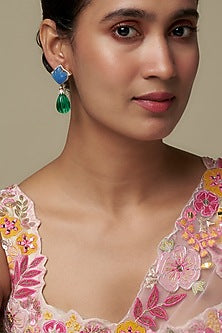 Gold Finish Moissanite Polki & Multi-Colored Stone Dangler Earrings In Sterling Silver