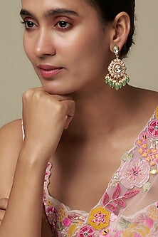 Gold Finish Moissanite Polki & Green Stone Chandbali Earrings In Sterling Silver
