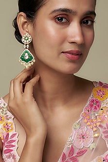 Gold Finish Moissanite Polki & Green Stone Dangler Earrings In Sterling Silver