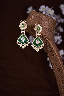 Gold Finish Moissanite Polki & Green Stone Dangler Earrings In Sterling Silver