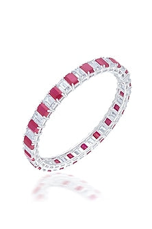 White Finish Zircon & Ruby Bangle In Sterling Silver