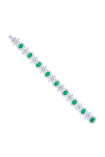 White Finish Zircon & Emerald Halo Bracelet In Sterling Silver