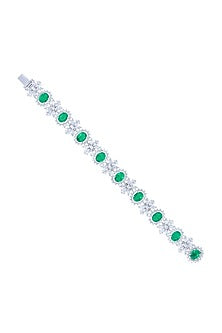 White Finish Zircon & Emerald Halo Bracelet In Sterling Silver