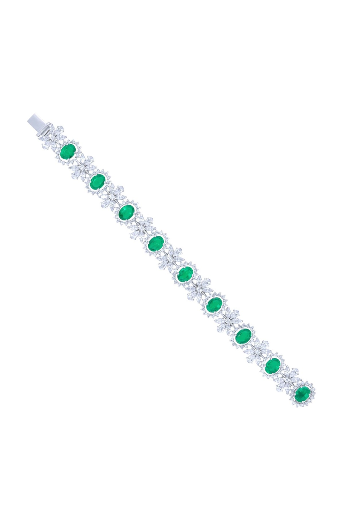 White Finish Zircon & Emerald Halo Bracelet In Sterling Silver