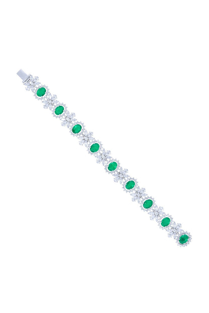 White Finish Zircon & Emerald Halo Bracelet In Sterling Silver