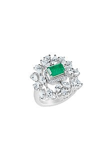 White Finish Emerald Stone & Zirconia Ring In Sterling Silver