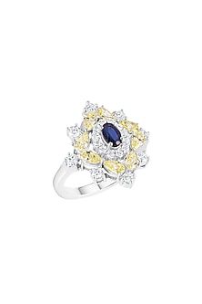 White Finish Yellow Diamonds & Deep Blue Stone Ring In Sterling Silver