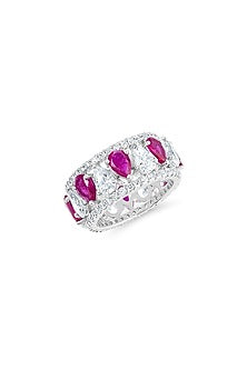 White Finish Zirconia & Ruby Stone Ring In Sterling Silver