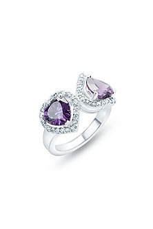 White Finish Zirconia & Amethyst Stone Ring In Sterling Silver
