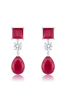White Finish Zirconia & Ruby Stone Dangler Earrings In Sterling Silver