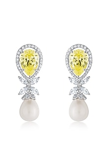 White Finish Diamond & Yellow Sapphire Stone Dangler Earrings In Sterling Silver