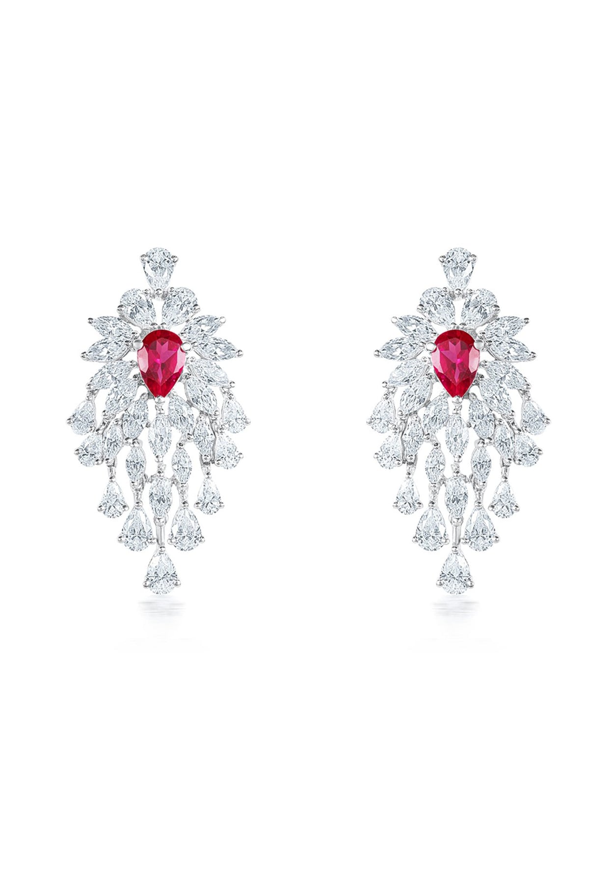 White Finish Zirconia & Ruby Stone Dangler Earrings In Sterling Silver