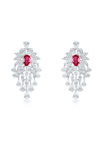 White Finish Zirconia & Ruby Stone Dangler Earrings In Sterling Silver