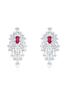 White Finish Zirconia & Ruby Stone Dangler Earrings In Sterling Silver