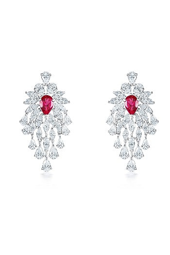 White Finish Zirconia & Ruby Stone Dangler Earrings In Sterling Silver