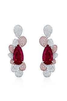 White Finish Zirconia & Ruby Stone Handcrafted Dangler Earrings In Sterling Silver