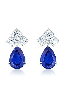 White Finish Zirconia & Blue Sapphire Stone Dangler Earrings In Sterling Silver