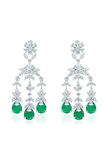 White Finish Zirconia & Emerald Stone Dangler Earrings In Sterling Silver