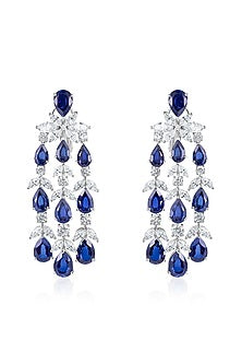 White Finish Zirconia & Blue Sapphire Stone Chandelier Earrings In Sterling Silver