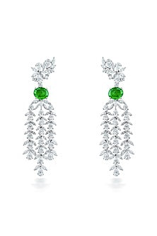 White Finish Zirconia & Emerald Stone Dangler Earrings In Sterling Silver