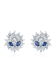 White Finish Zirconia & Blue Tanzanite Stud Earrings In Sterling Silver