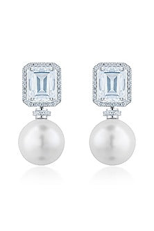 White Finish Zirconia & Pearl Stud Earrings In Sterling Silver