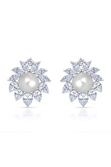 White Finish Zirconia & Pearl Handcrafted Stud Earrings In Sterling Silver