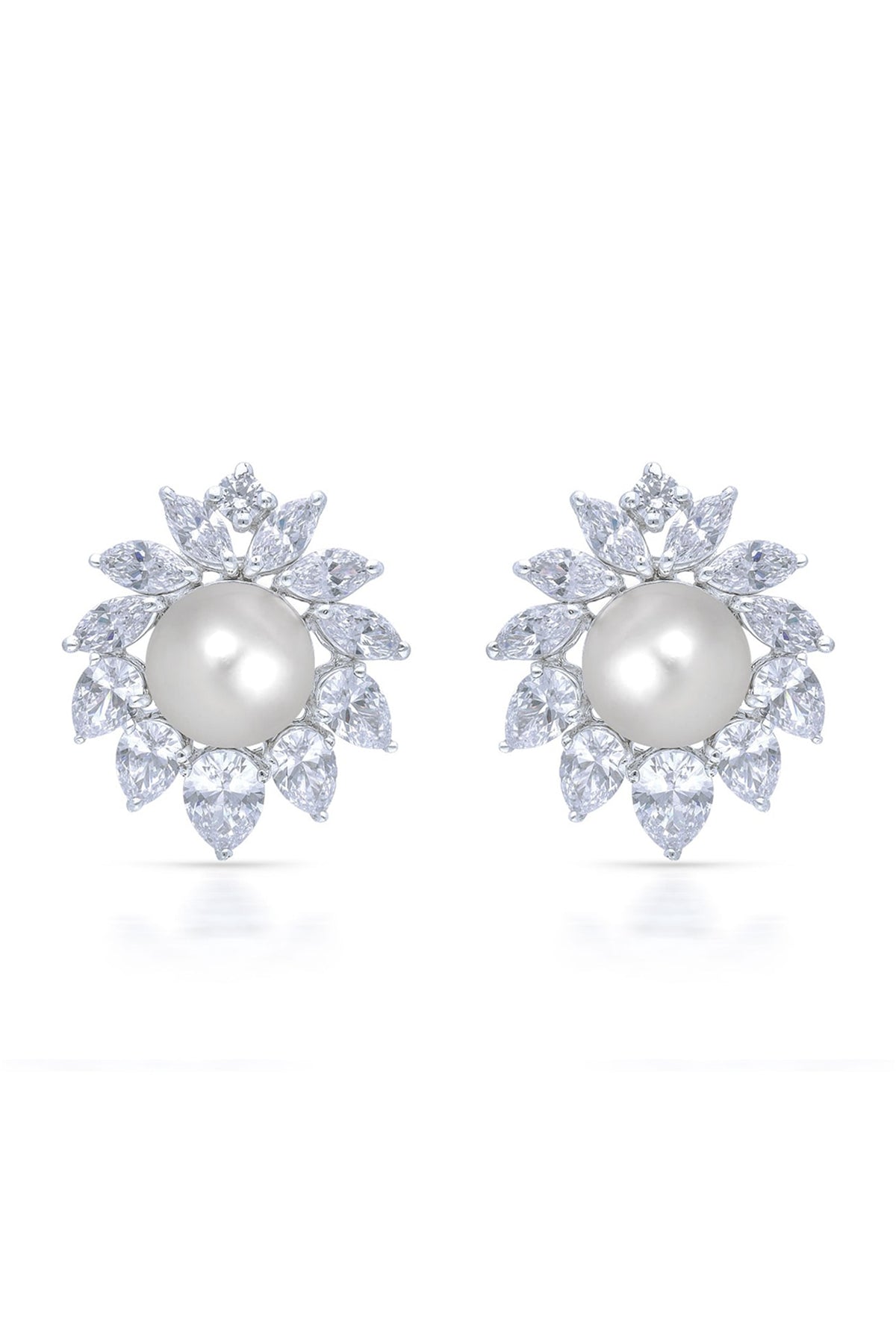 White Finish Zirconia & Pearl Handcrafted Stud Earrings In Sterling Silver