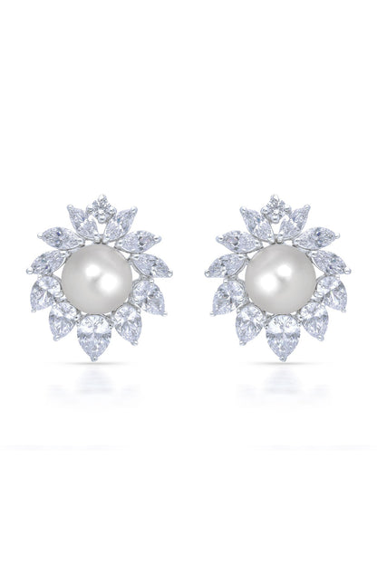 White Finish Zirconia & Pearl Handcrafted Stud Earrings In Sterling Silver