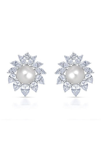 White Finish Zirconia & Pearl Handcrafted Stud Earrings In Sterling Silver